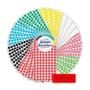 Avery® Zweckform Klebepunkte Set 59994, 3328-teilig, selbstklebend & beschreibbar, 8 Farben, 4 Bögen/Farbe, 416 Punkte/Farbe, Ø 8 mm, 100 % recycelbar Avery® Zweckform Klebepunkte Set 59994, 3328-teilig, selbstklebend & beschreibbar, 8 Farben, 4 Bögen/Farbe, 416 Punkte/Farbe, Ø 8 mm, 100 % recycelbar