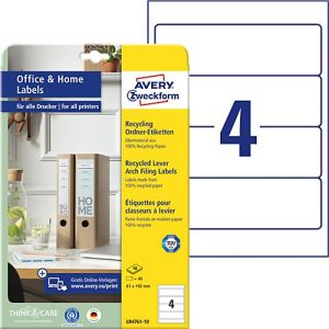 Avery® Zweckform Ordner-Etiketten LR4761, für breite Ordner (kurz), druckergeeignet, Recycling-Papier, rechteckig, naturweiß, 40 Stück auf 10 Blatt Avery® Zweckform Ordner-Etiketten LR4761, für breite Ordner (kurz), druckergeeignet, Recycling-Papier, rechteckig, naturweiß, 40 Stück auf 10 Blatt