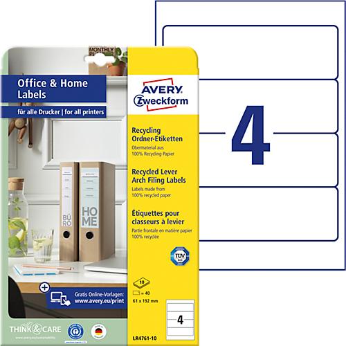 Avery® Zweckform Ordner-Etiketten LR4761, für breite Ordner (kurz), druckergeeignet, Recycling-Papier, rechteckig, naturweiß, 40 Stück auf 10 Blatt