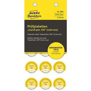 AVERY® Zweckform Prüfplaketten „Geprüft gem. VDE“, 2018-2023, abziehsichere Folie, gelb, Ø 20 mm AVERY® Zweckform Prüfplaketten „Geprüft gem. VDE“, 2018-2023, abziehsichere Folie, gelb, Ø 20 mm