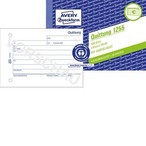 Avery® Zweckform Quittungsbuch 1255, Querformat A6, inkl. Mehrwertsteuer, mit 1 Blatt Blaupapier, perforiert & gelocht, Blauer Engel, weiß, 100 Blatt Avery® Zweckform Quittungsbuch 1255, Querformat A6, inkl. Mehrwertsteuer, mit 1 Blatt Blaupapier, perforiert & gelocht, Blauer Engel, weiß, 100 Blatt