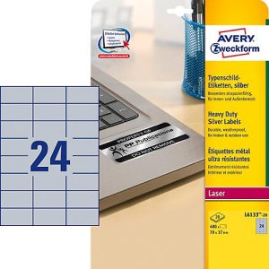 Avery Zweckform Typenschildetiketten L6133-20, extrem robust, geeignet für SW-Laserdrucker, 70 x 37 mm, 480 Stück/20 A4-Bogen, Polyesterfolie, silber Avery Zweckform Typenschildetiketten L6133-20, extrem robust, geeignet für SW-Laserdrucker, 70 x 37 mm, 480 Stück/20 A4-Bogen, Polyesterfolie, silber