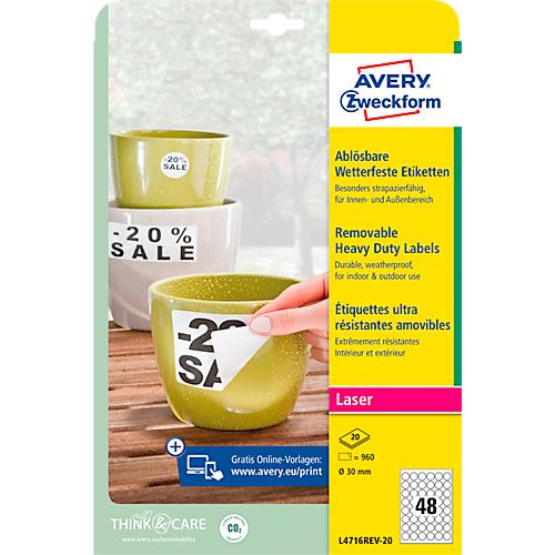 Avery Zweckform Wetterfeste Folien-Etiketten L4716REV-20, ø 30 mm, wiederablösbar, weiß