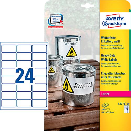 Avery Zweckform Wetterfeste Folien-Etiketten L4773-20, 63,5 x 33,9 mm, permanent, weiß