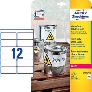 Avery Zweckform Wetterfeste Folien-Etiketten L4776-20, 99,1 x 42,3 mm, permanent, weiß Avery Zweckform Wetterfeste Folien-Etiketten L4776-20, 99,1 x 42,3 mm, permanent, weiß