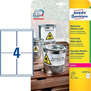 Avery Zweckform Wetterfeste Folienetiketten L4774-20, A4, 80 Etiketten, weiß Avery Zweckform Wetterfeste Folienetiketten L4774-20, A4, 80 Etiketten, weiß