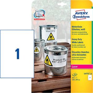 Avery Zweckform Wetterfeste Folienetiketten L4775-20, A4, 20 Etiketten, weiß Avery Zweckform Wetterfeste Folienetiketten L4775-20, A4, 20 Etiketten, weiß