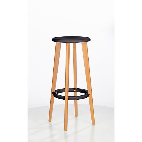 Barhocker WOODY, ABS-Kunststoff, mit Fußring, Massivholzbeine, Sitzhöhe 760 mm, 2 Stk, schwarz