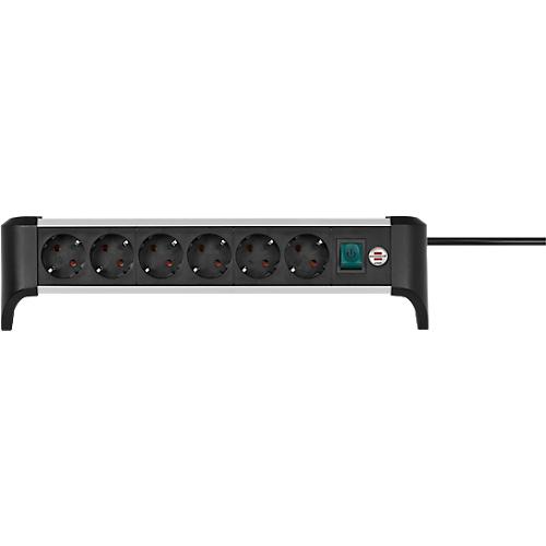 Brennenstuhl Alu-Office-Line 6-fach-Steckdosenleiste, 6 Schutzkontakt-Steckdosen, 45°-Anordnung, 3 m Kabel, L 385 x B 115 x T 105 mm, schwarz/silber