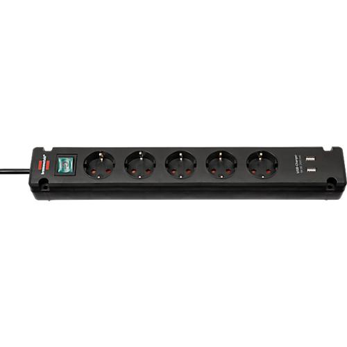Brennenstuhl Bremounta Steckdosenleiste, 5-fach, 2 USB-Anschlüsse, 90°-Anordnung, 3 m Kabel, Sicherheitsschalter, L 80 x B 430 x T 70 mm, schwarz