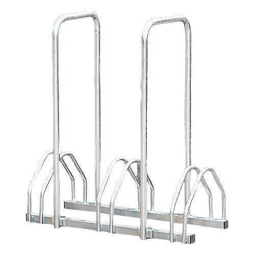 Bügelparker Mottez B135AR, 2-seitig, für Reifen mit B 35-55 mm, mit Diebstahlsicherung, 2 Bügel, für bis zu 3 Fahrräder, B 720 x T 330 x H 830 mm, Stahlrohr, silber