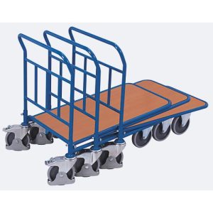 C+C Wagen, Stahl/MDF-Platte, Enzianblau/Buche-Dekor, L 880 x B 500 mm, mit Längsstreben, TPE-Rollen mit Feststellbremse, bis 400 kg