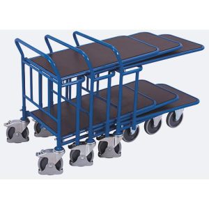 C+C Wagen, Stahl/Siebdruckplatte, Enzianblau/Dunkelbraun, 2 Etagen, L 880 x B 500 mm, mit Längsstreben, TPE-Rollen mit Feststellbremse, bis 400 kg C+C Wagen, Stahl/Siebdruckplatte, Enzianblau/Dunkelbraun, 2 Etagen, L 880 x B 500 mm, mit Längsstreben, TPE-Rollen mit Feststellbremse, bis 400 kg