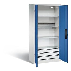 C+P Akkuladeschrank Basic mit Vollblechtüren und Schubladenblock, H 1950 x B 930 x T 500 mm, Lichtgrau/Rubinrot C+P Akkuladeschrank Basic mit Vollblechtüren und Schubladenblock, H 1950 x B 930 x T 500 mm, Lichtgrau/Rubinrot