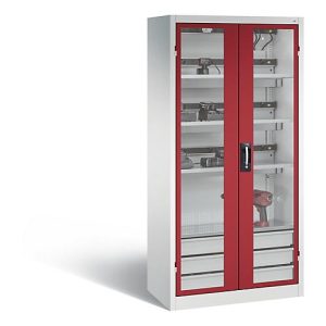 C+P Akkuladeschrank Comfort mit Sichtfenster aus Acrylglas und Schubladenblock, H 1950 x B 930 x T 500 mm, Lichtgrau/Lichtblau C+P Akkuladeschrank Comfort mit Sichtfenster aus Acrylglas und Schubladenblock, H 1950 x B 930 x T 500 mm, Lichtgrau/Lichtblau