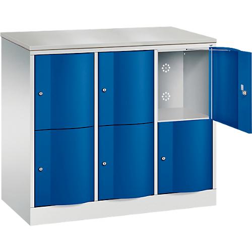 C+P Schließfachschrank Resisto, 3 Abteile, 6 Fächer, B 1148 x T 540 x H 1077 mm, Lichtgrau/Enzianblau
