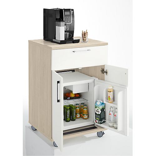 Catering-Caddy, mit Kühlschrankfach und Klappfach, B 650 x T 600 x H 1000 mm, mit Kühlbox, Eiche/weiß