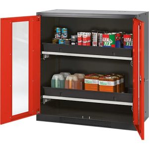 Chemikalienschrank Asecos CS-CLASSIC-G, Flügeltür m. Glasauschnitt, 2 Auszugswannen, 1055x520x1105 mm, verkehrsrot Chemikalienschrank Asecos CS-CLASSIC-G, Flügeltür m. Glasauschnitt, 2 Auszugswannen, 1055x520x1105 mm, verkehrsrot
