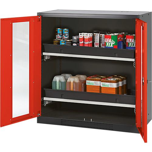 Chemikalienschrank Asecos CS-CLASSIC-G, Flügeltür m. Glasauschnitt, 2 Auszugswannen, 1055x520x1105 mm, verkehrsrot