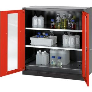 Chemikalienschrank Asecos CS-CLASSIC-G, Flügeltür m. Glasauschnitt, 2 Böden, 1055x520x1105 mm, verkehrsrot Chemikalienschrank Asecos CS-CLASSIC-G, Flügeltür m. Glasauschnitt, 2 Böden, 1055x520x1105 mm, verkehrsrot