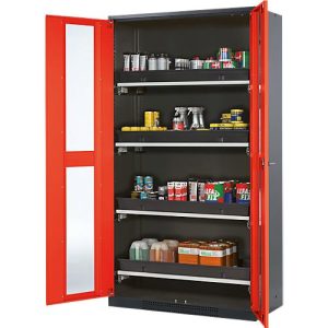 Chemikalienschrank Asecos CS-CLASSIC-G, Flügeltür m. Glasauschnitt, 4 Auszugswannen, 1055x520x1950 mm, verkehrsrot Chemikalienschrank Asecos CS-CLASSIC-G, Flügeltür m. Glasauschnitt, 4 Auszugswannen, 1055x520x1950 mm, verkehrsrot