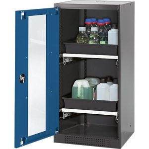 Chemikalienschrank Asecos CS-CLASSIC-G, Flügeltür und Glasausschnitt, 2 Auszüge, H 1105 mm, enzianblau Chemikalienschrank Asecos CS-CLASSIC-G, Flügeltür und Glasausschnitt, 2 Auszüge, H 1105 mm, enzianblau