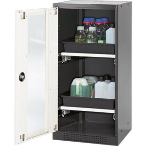 Chemikalienschrank Asecos CS-CLASSIC-G, Flügeltür und Glasausschnitt, 2 Auszüge, H 1105 mm, reinweiß Chemikalienschrank Asecos CS-CLASSIC-G, Flügeltür und Glasausschnitt, 2 Auszüge, H 1105 mm, reinweiß