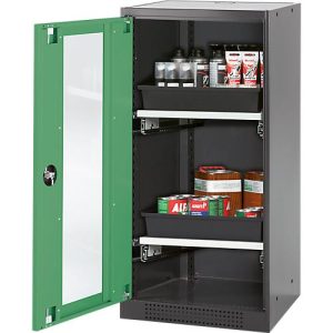 Chemikalienschrank Asecos CS-CLASSIC-G, Flügeltür und Glasausschnitt, 2 Auszüge, H 1105 mm, resedagrün Chemikalienschrank Asecos CS-CLASSIC-G, Flügeltür und Glasausschnitt, 2 Auszüge, H 1105 mm, resedagrün