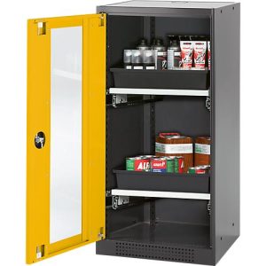 Chemikalienschrank Asecos CS-CLASSIC-G, Flügeltür und Glasausschnitt, 2 Auszüge, H 1105 mm, sicherheitsgelb Chemikalienschrank Asecos CS-CLASSIC-G, Flügeltür und Glasausschnitt, 2 Auszüge, H 1105 mm, sicherheitsgelb