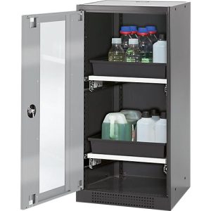 Chemikalienschrank Asecos CS-CLASSIC-G, Flügeltür und Glasausschnitt, 2 Auszüge, H 1105 mm, silber Chemikalienschrank Asecos CS-CLASSIC-G, Flügeltür und Glasausschnitt, 2 Auszüge, H 1105 mm, silber