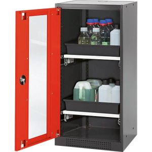 Chemikalienschrank Asecos CS-CLASSIC-G, Flügeltür und Glasausschnitt, 2 Auszüge, H 1105 mm, verkehrsrot Chemikalienschrank Asecos CS-CLASSIC-G, Flügeltür und Glasausschnitt, 2 Auszüge, H 1105 mm, verkehrsrot