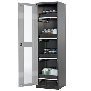 Chemikalienschrank Asecos CS-CLASSIC-G, Flügeltür und Glasausschnitt, 4 Auszüge, H 1950 mm, silber Chemikalienschrank Asecos CS-CLASSIC-G, Flügeltür und Glasausschnitt, 4 Auszüge, H 1950 mm, silber