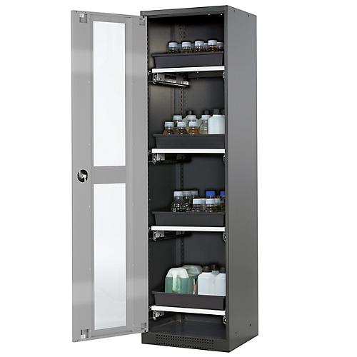 Chemikalienschrank Asecos CS-CLASSIC-G, Flügeltür und Glasausschnitt, 4 Auszüge, H 1950 mm, silber