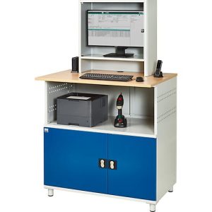 Computer-Station Typ 1023, Monitorfach bis 26“, Ablagefach, Arbeitsplatte, Unterschrank, bis 200 kg, B 1100 x T 790 x H 1840 mm, Stahl/Holz, stationär Computer-Station Typ 1023, Monitorfach bis 26“, Ablagefach, Arbeitsplatte, Unterschrank, bis 200 kg, B 1100 x T 790 x H 1840 mm, Stahl/Holz, stationär