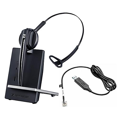 DECT-Headset Sennheiser D 10 Phone, schnurlos/monaural, mit Telefonadapter CEHS-CI02, 55 m Reichweite