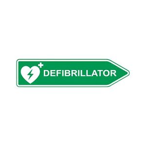 Defibrillator-AED-Standort-Straßenschild, Pfeilform, rechtsweisend, nachtleuchtend, wetterfest, Dibond-Druck, L 600 x H 150 mm, grün-weiß Defibrillator-AED-Standort-Straßenschild, Pfeilform, rechtsweisend, nachtleuchtend, wetterfest, Dibond-Druck, L 600 x H 150 mm, grün-weiß
