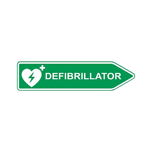 Defibrillator-AED-Standort-Straßenschild, Pfeilform, rechtsweisend, nachtleuchtend, wetterfest, Dibond-Druck, L 600 x H 150 mm, grün-weiß