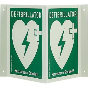 Defibrillator AED-Winkelschild, B 200 x H 200 mm, fluoreszierend Defibrillator AED-Winkelschild, B 200 x H 200 mm, fluoreszierend