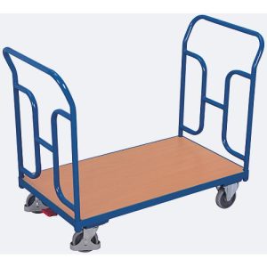 Doppel-Schiebebügelwagen, Stahl/MDF-Platte, Enzianblau/Buche-Dekor, L 850 x B 500 mm, mit gebogenen Rohren, TPE-Rollen mit EasySTOP, bis 250 kg Doppel-Schiebebügelwagen, Stahl/MDF-Platte, Enzianblau/Buche-Dekor, L 850 x B 500 mm, mit gebogenen Rohren, TPE-Rollen mit EasySTOP, bis 250 kg
