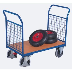 Doppel-Stirnwandwagen, Stahl/MDF-Platte, Enzianblau/Buche-Dekor, L 850 x B 500 mm, Stirnwände aus Drahtgitter, TPE-Rollen mit EasySTOP, bis 400 kg Doppel-Stirnwandwagen, Stahl/MDF-Platte, Enzianblau/Buche-Dekor, L 850 x B 500 mm, Stirnwände aus Drahtgitter, TPE-Rollen mit EasySTOP, bis 400 kg