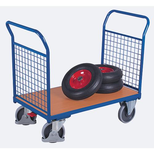 Doppel-Stirnwandwagen, Stahl/MDF-Platte, Enzianblau/Buche-Dekor, L 850 x B 500 mm, Stirnwände aus Drahtgitter, TPE-Rollen mit EasySTOP, bis 400 kg