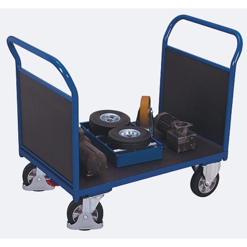 Doppel-Stirnwandwagen, Stahl/Siebdruckplatte, Enzianblau/Dunkelbraun, L 1995 x B 800 mm, Sperrholz-Stirnwände, Vollgummi-Rollen mit EasySTOP, 1000 kg