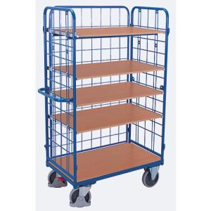 Drahtgitter-Etagenwagen, Stahl/MDF-Platte, Enzianblau/Buche-Dekor, 1 Etage, 1200 x 800 mm, einhängbare Längswand, EasySTOP, bis 500 kg