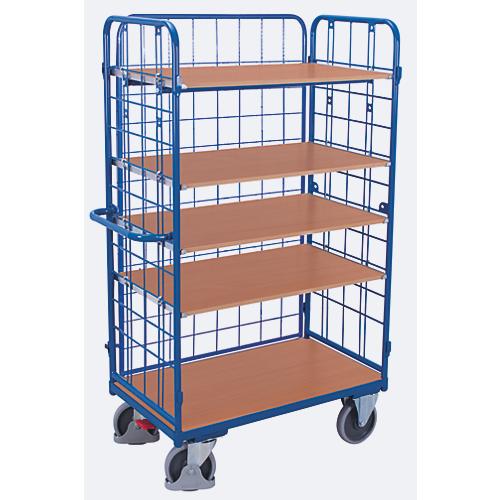 Drahtgitter-Etagenwagen, Stahl/MDF-Platte, Enzianblau/Buche-Dekor, 1 Etage, 1200 x 800 mm, einhängbare Längswand, EasySTOP, bis 500 kg