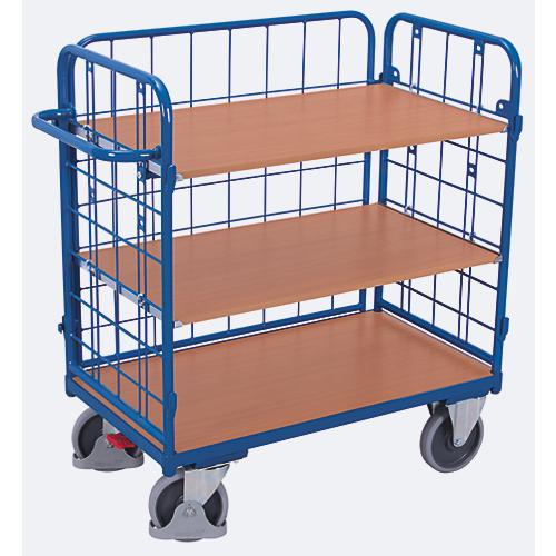 Drahtgitter-Etagenwagen, Stahl/MDF-Platte, Enzianblau/Buche-Dekor, 1 Etage, 850 x 500 mm, einhängbare Längswand, EasySTOP, bis 400 kg