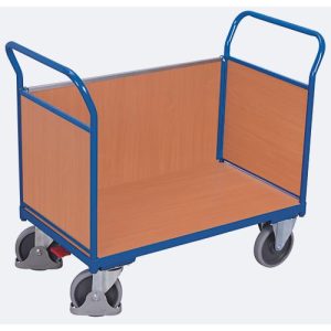 Dreiwandwagen, Stahl/MDF-Platte, Enzianblau/Buche-Dekor, L 1000 x B 675 mm, herausnehmbare Längswand, TPE-Rollen mit EasySTOP, bis 500 kg Dreiwandwagen, Stahl/MDF-Platte, Enzianblau/Buche-Dekor, L 1000 x B 675 mm, herausnehmbare Längswand, TPE-Rollen mit EasySTOP, bis 500 kg