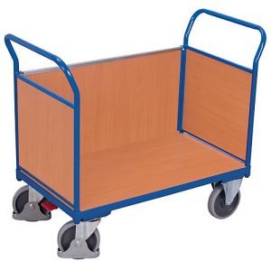 Dreiwandwagen, Stahl/MDF-Platte, Enzianblau/Buche-Dekor, L 850 x B 475 mm, herausnehmbare Längswand, TPE-Rollen mit EasySTOP, bis 400 kg Dreiwandwagen, Stahl/MDF-Platte, Enzianblau/Buche-Dekor, L 850 x B 475 mm, herausnehmbare Längswand, TPE-Rollen mit EasySTOP, bis 400 kg