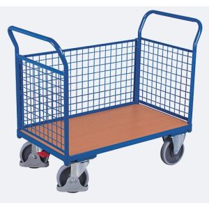 Dreiwandwagen, Stahl/MDF-Platte, Enzianblau/Buche-Dekor, L 850 x B 475 mm, herausnehmbare Längswand, TPE-Rollen mit EasySTOP, bis 400 kg Dreiwandwagen, Stahl/MDF-Platte, Enzianblau/Buche-Dekor, L 850 x B 475 mm, herausnehmbare Längswand, TPE-Rollen mit EasySTOP, bis 400 kg
