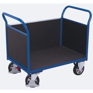 Dreiwandwagen, Stahl/Siebdruckplatte, Enzianblau/Dunkelbraun, L 1195 x B 765 mm, herausnehmbare Längswand, Vollgummi-Rollen mit EasySTOP, bis 1000 kg Dreiwandwagen, Stahl/Siebdruckplatte, Enzianblau/Dunkelbraun, L 1195 x B 765 mm, herausnehmbare Längswand, Vollgummi-Rollen mit EasySTOP, bis 1000 kg