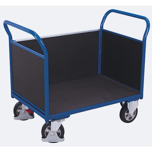 Dreiwandwagen, Stahl/Siebdruckplatte, Enzianblau/Dunkelbraun, L 1595 x B 765 mm, herausnehmbare Längswand, Vollgummi-Rollen mit EasySTOP, bis 1000 kg